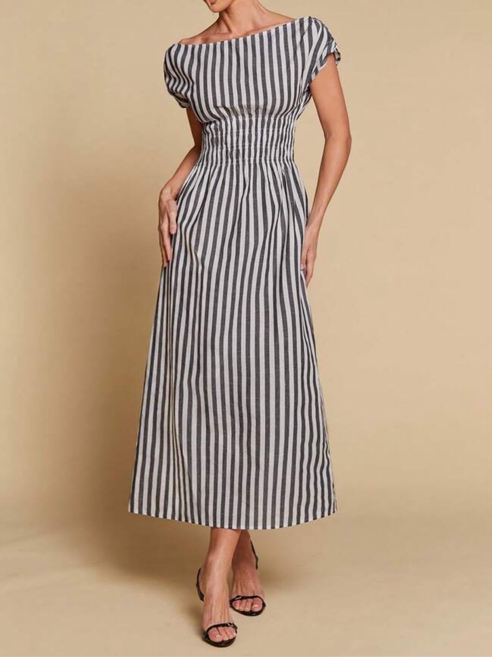 Black & White Striped Off-Shoulder Midi Dress | Cinched Waist | Size L